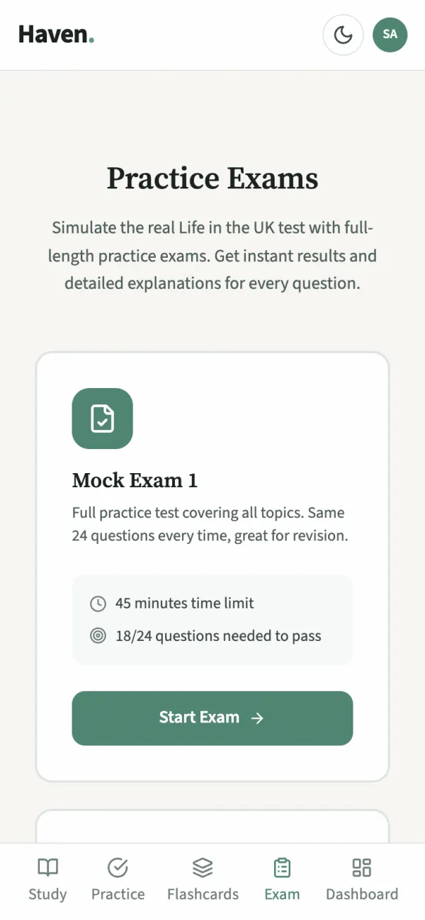 The mock exam screen: 24 questions, 45 minutes, 18 correct needed to pass.