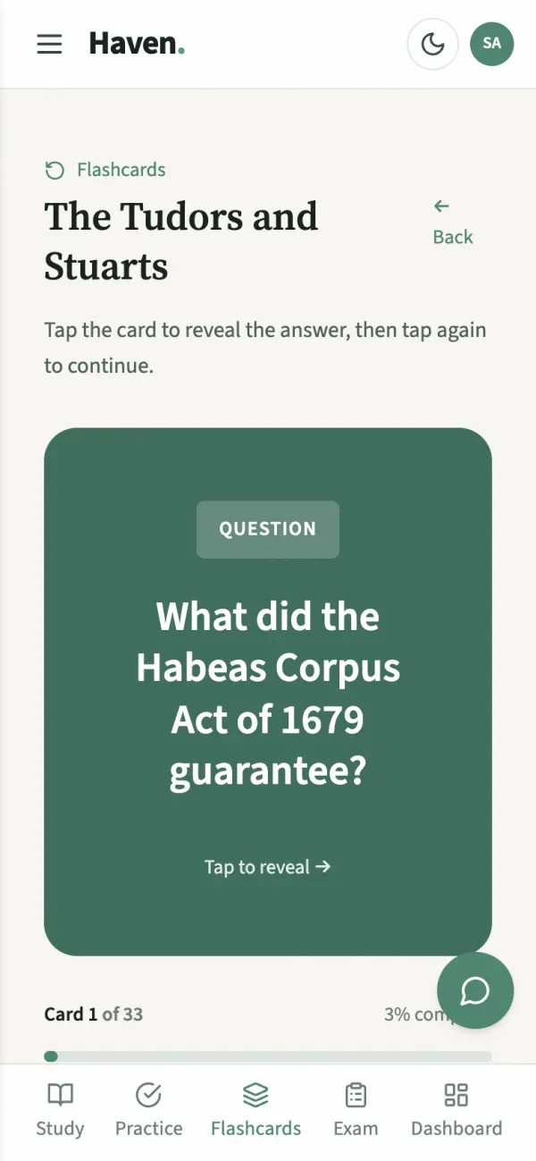 A flashcard asking “What did the Habeas Corpus Act of 1679 guarantee?” with tap to reveal.