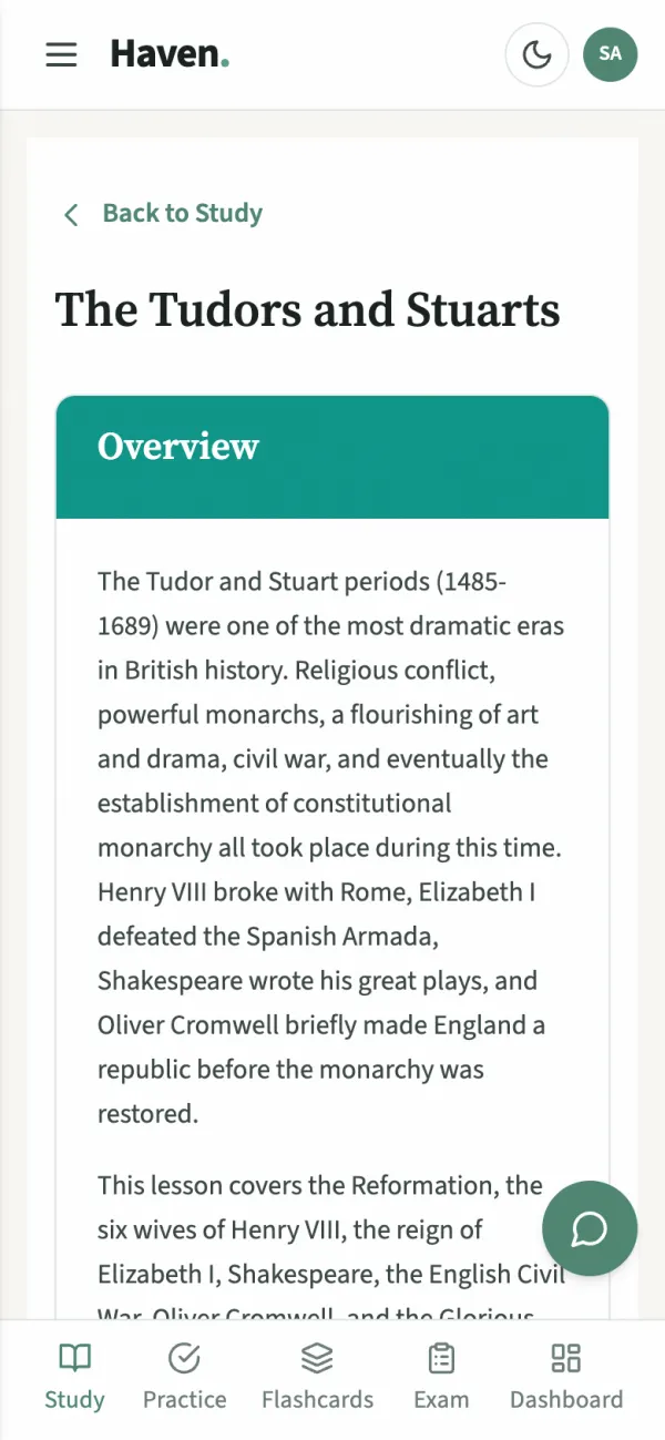 A Haven lesson on The Tudors and Stuarts, opening with a short plain-English overview.