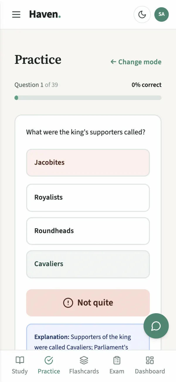 Haven practice question on a phone: “What were the king’s supporters called?”, with four answer options, feedback and a written explanation.